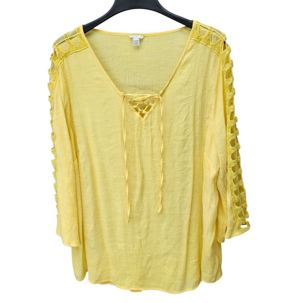 Cato Est. 1946 Tunic Top Womens 26-28W Yellow Lace Cut Out Coastal Cottagecore